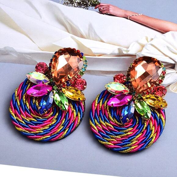 Multicolor Ethnic Boho Rhinestone Statement Earrings‎ with Gold Wrap Acce… - Picture 8 of 9